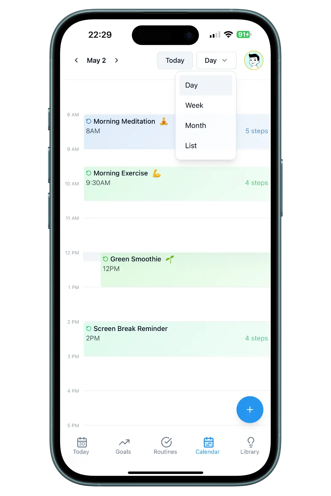 ProgressMade.ai calendar view showing health routines and daily activities
